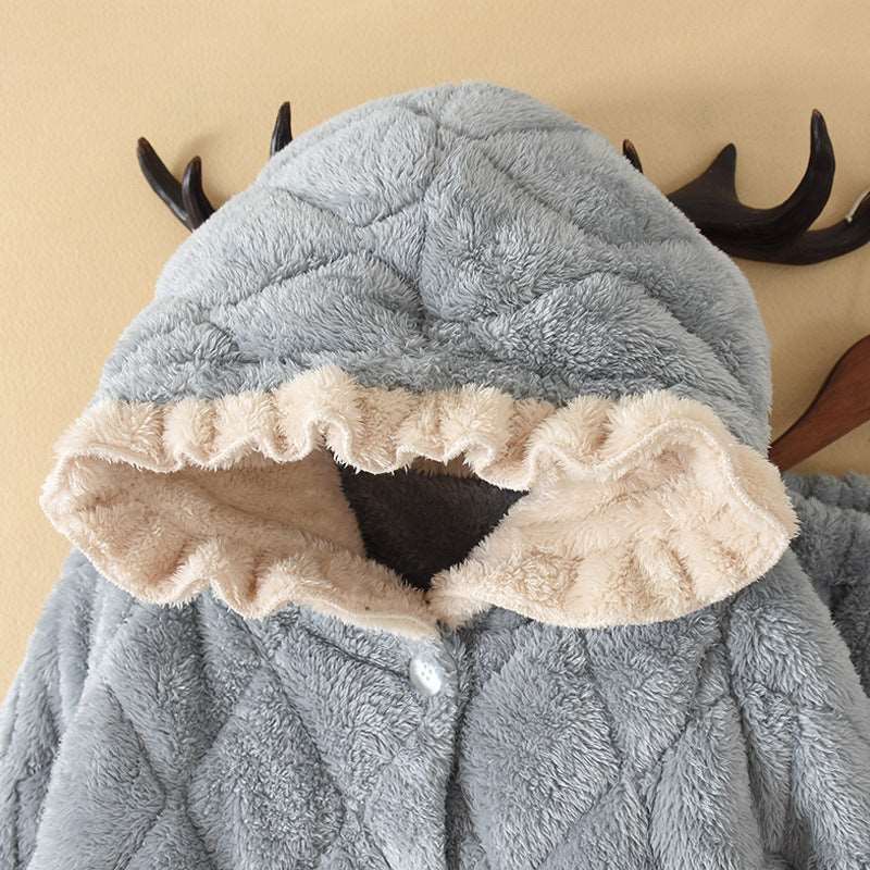 Pajamas Women Plus Cotton Coral Velvet Thick Quilted Cartoon Mid-length Flannel Home Service Suit Wakaii