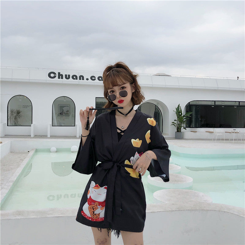 Kawaii Lucky Cat Soft Kimono Wakaii
