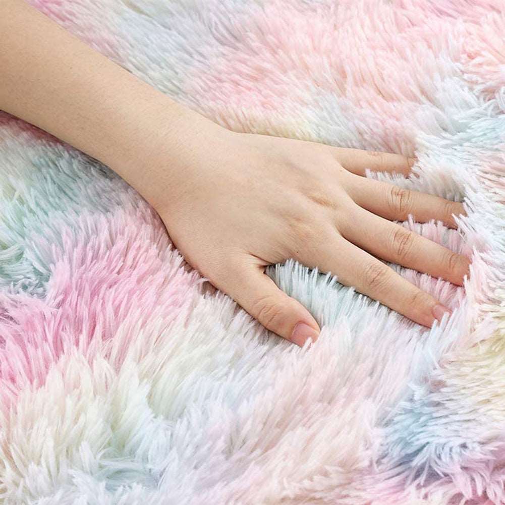 Kawaii Round Faux Fur Rainbow Rug Wakaii