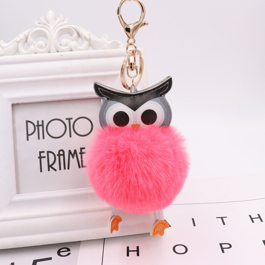 Lovely Owl Hairy Ball Key Ring Wakaii