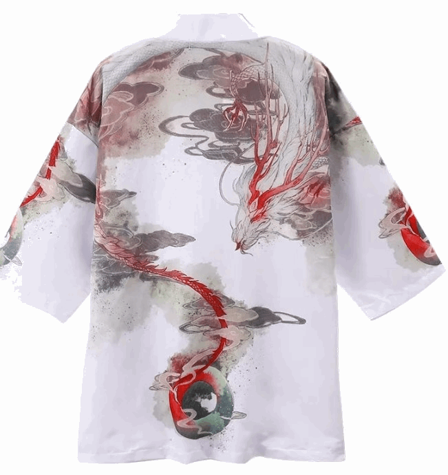 Unisex Cotton Kimono - Red and White Dragon