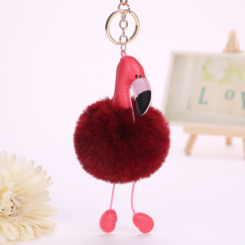 PU leather flamingo pendant artificial fur ball Wakaii
