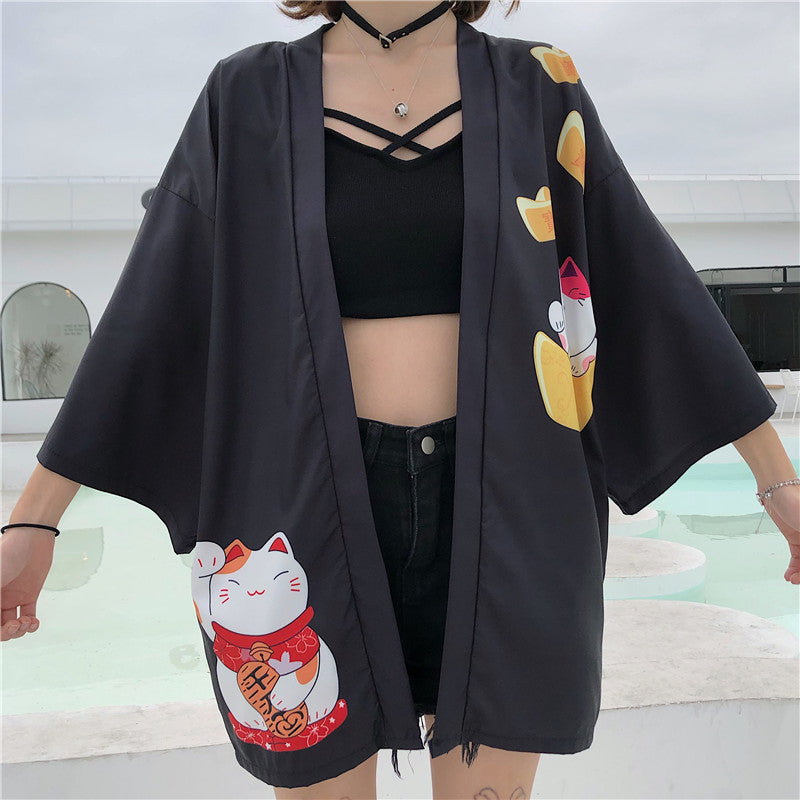 Kawaii Lucky Cat Soft Kimono Wakaii