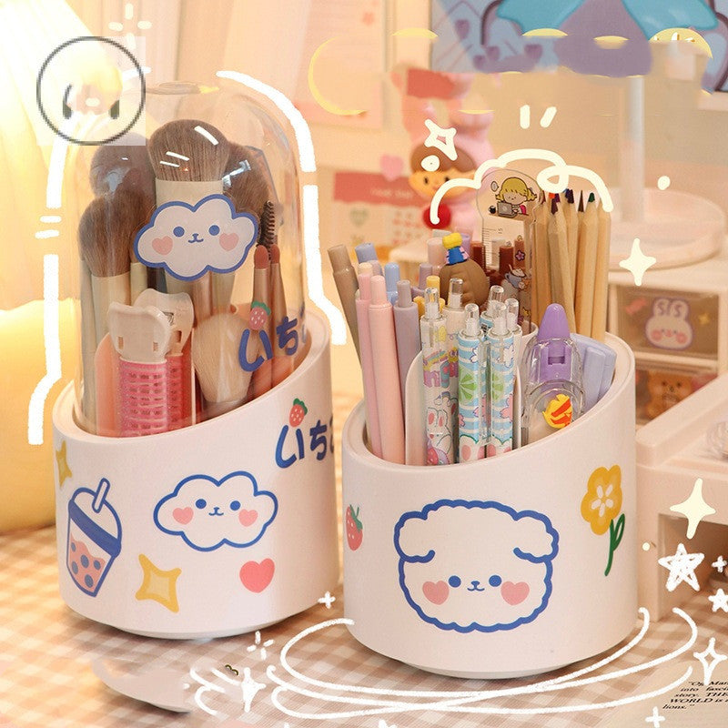 Large-capacity Cute Desktop Dust-proof Makeup Brush Storage Rotating Pen Holder Wakaii