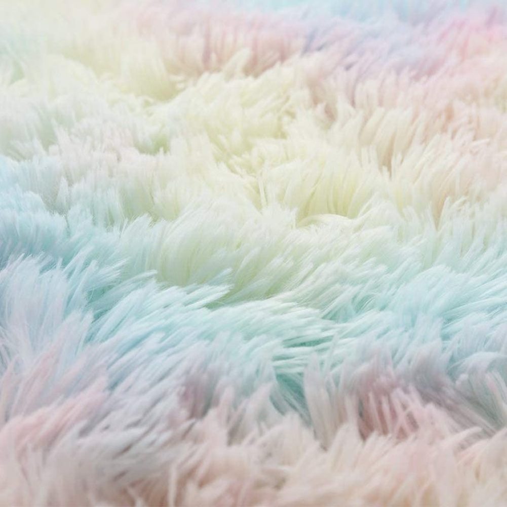 Kawaii Round Faux Fur Rainbow Rug Wakaii